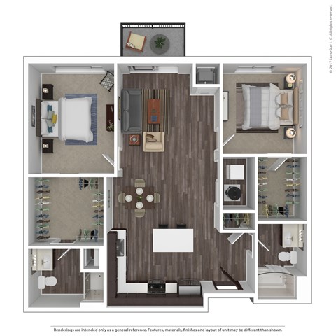 Floor plan for 2 beds, 2 baths, 1159 sqft